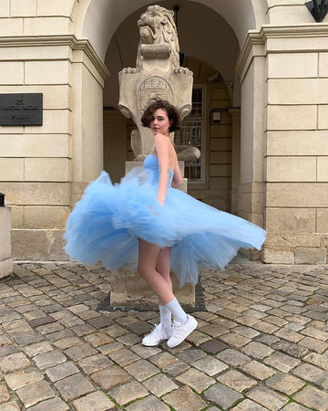 Baby Blue A Line Strapless Tulle Prom Dress Wedding Guest Dress Birthday Dress HZ1023